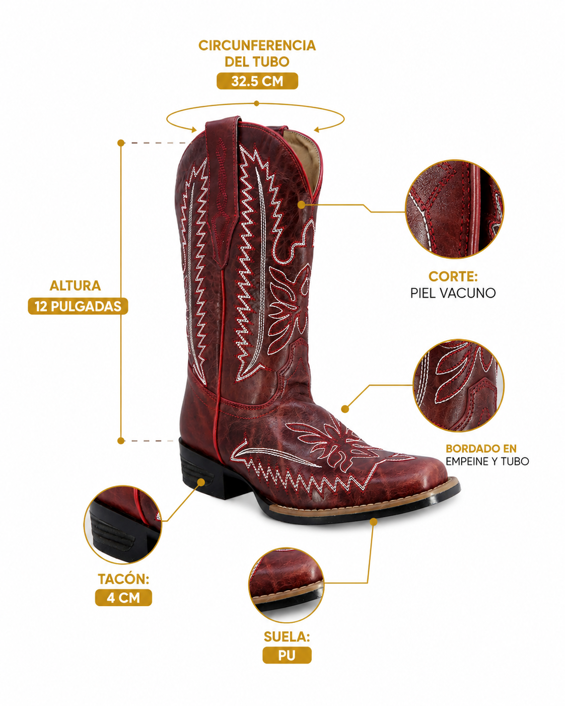 Bota Vaquera Piel 36442 Roja