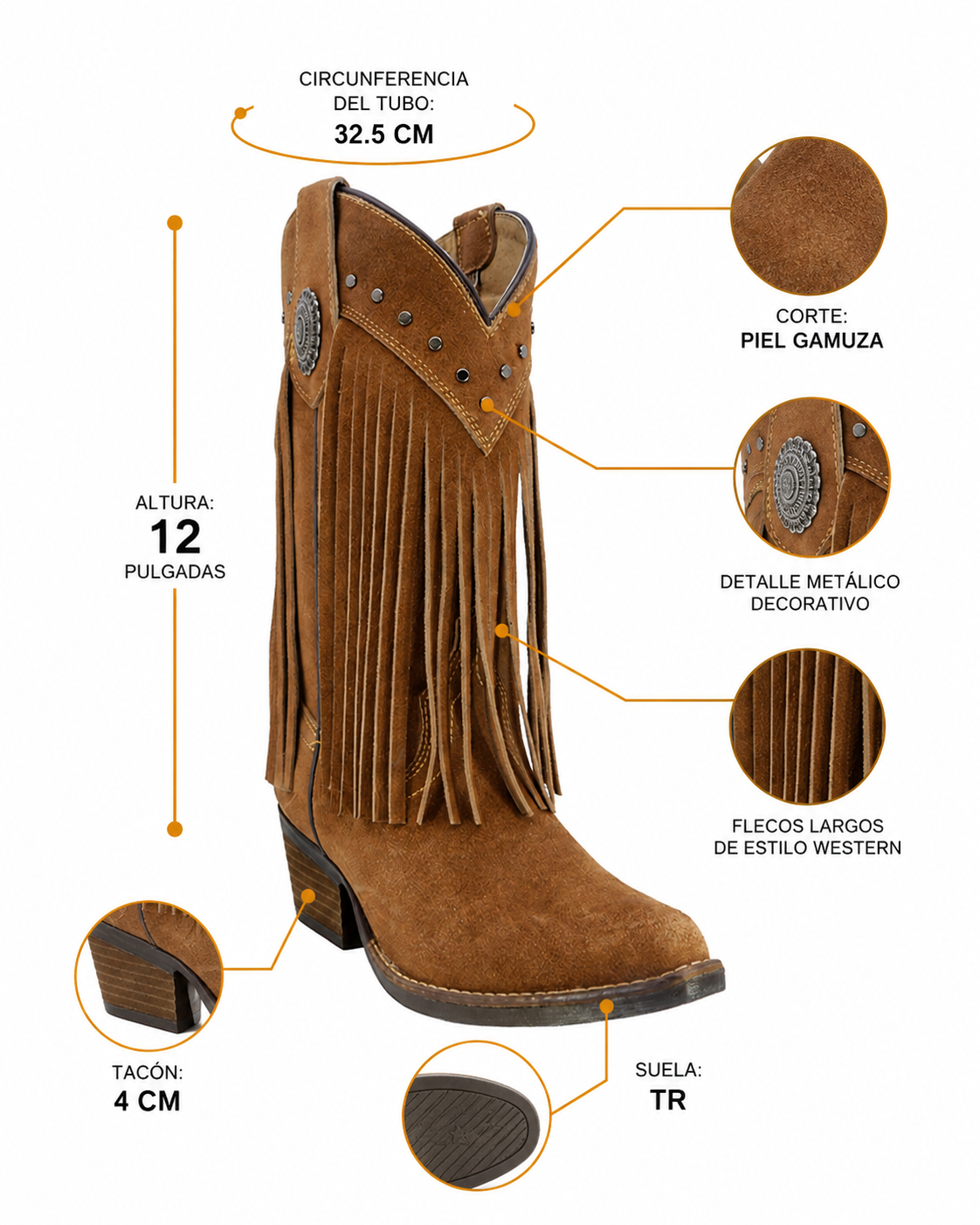 Bota Vaquera Piel Gamuza Mujer Barbas Western Rodeo Texaban